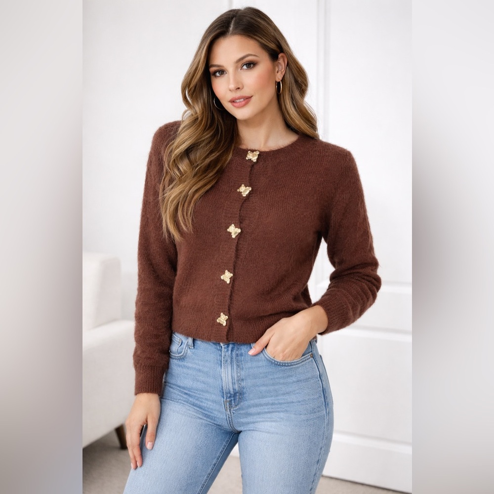 Dreamers Brown Fuzzy Cardigan • Size Small • Gold Buttons
